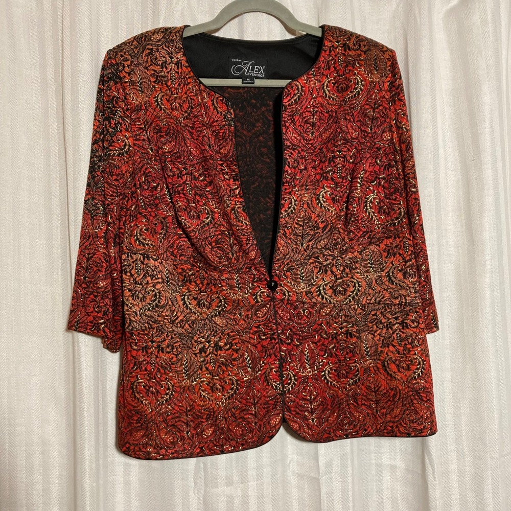 Paisley Brocade Metallic Evening Jacket Alex Evenings Woman Red Black 1X NWT
